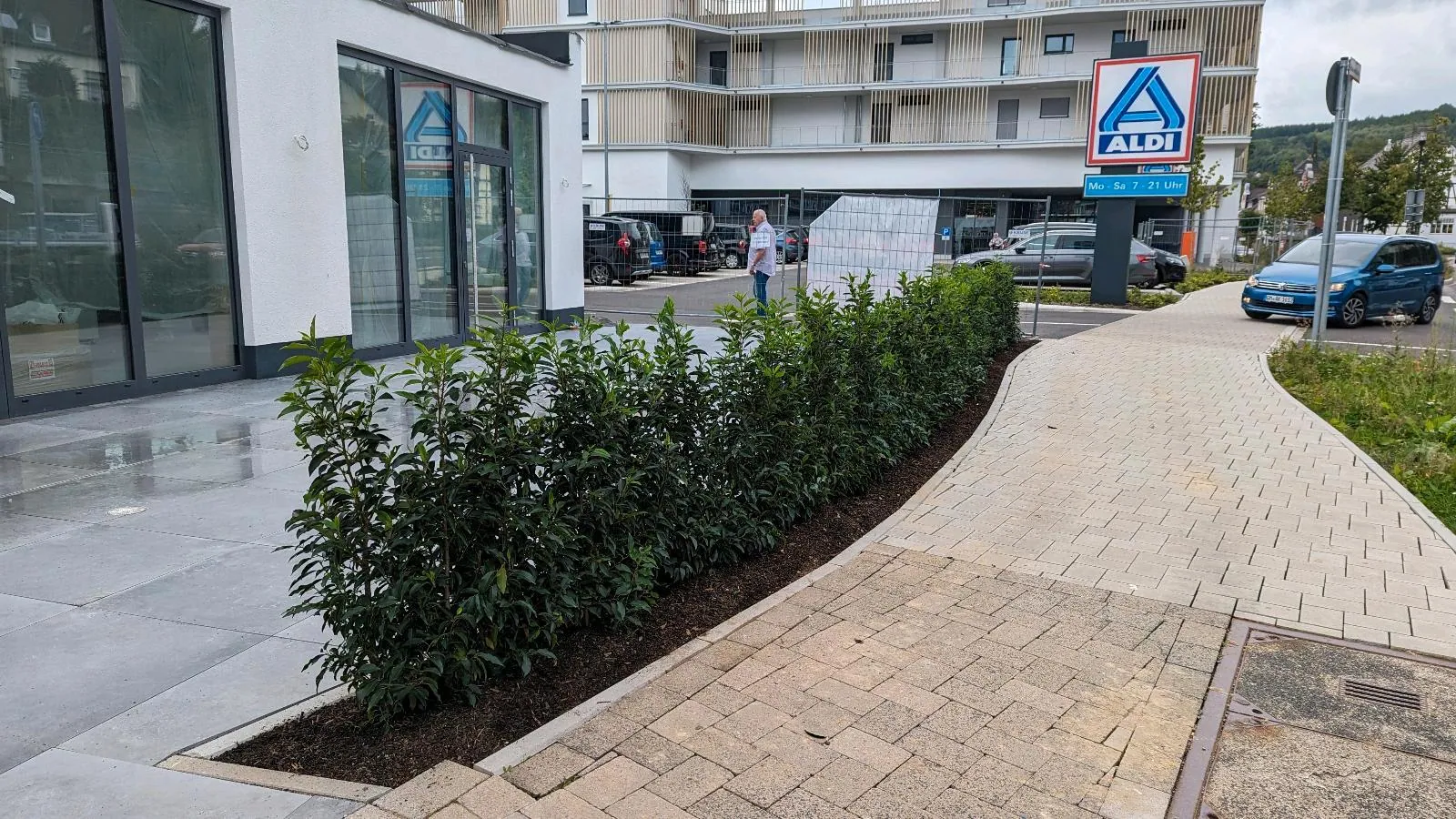 Geschwungener Pflasterweg mit frisch gesetzter Heckenpflanzung an einem Gewerbegebäude